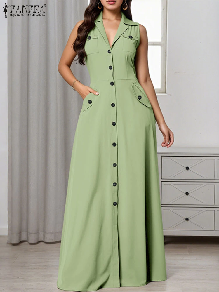 ZANZEA-Vestido largo de verano para mujer, vestido veraniego elegante para oficina, bata de fiesta sin mangas, moda informal 2021, Vestidos holgados con cuello entallado