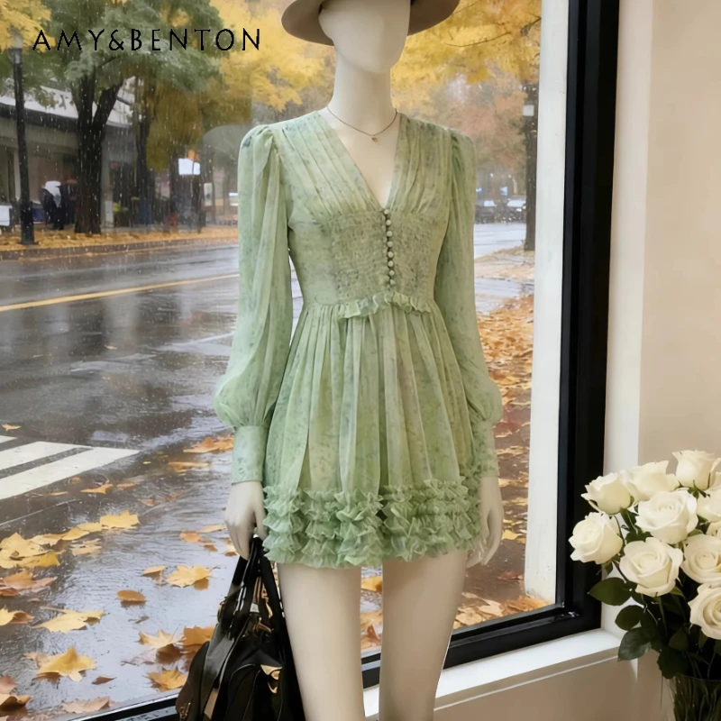 

Holiday Wind Green V-neck Floral Lantern Sleeve Women's Dress 2026 Spring Summer New Slim Thin Temperament Short Dressses Ladies