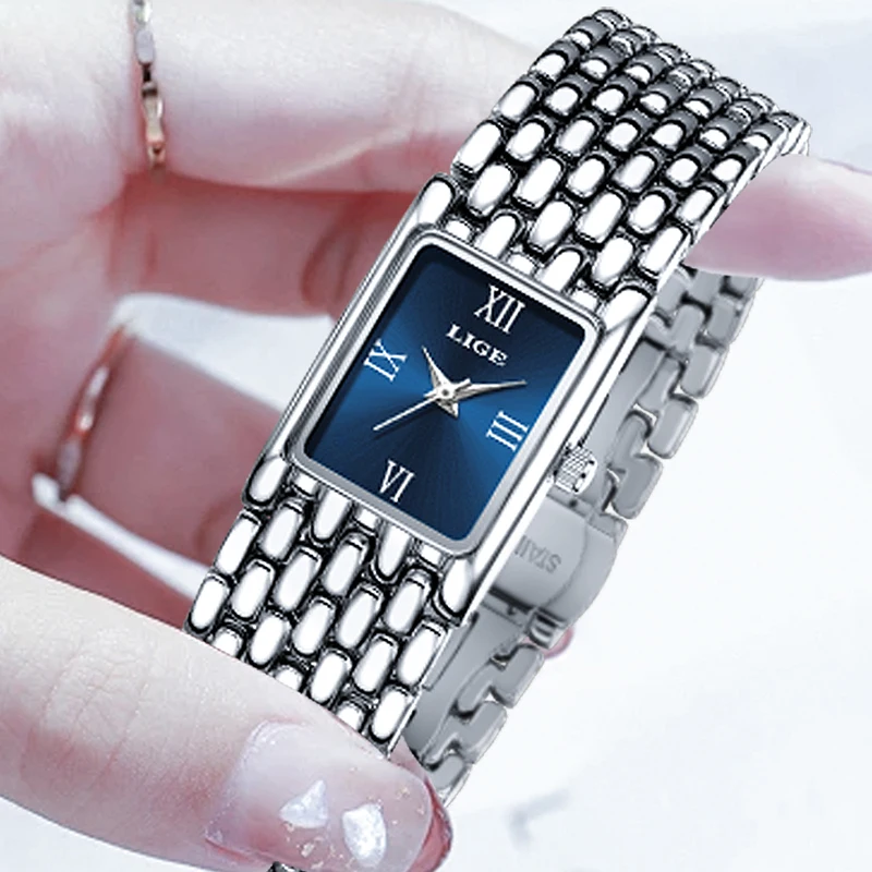 

Женские водонепроницаемые часы LIGE, простые и стильные, из нержавеющей стали, квадратные, для женщин, повседневные, спортивные, кварцевые, наручные часы, подарок