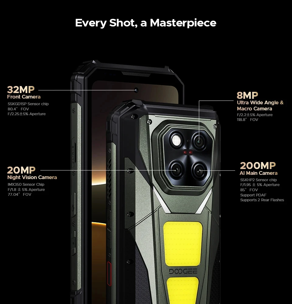 DOOGEE V Max Play Projector Rugged Phone 16GB+512GB 20500mAh 200MP Smartphon 5G 6.78" Display Dual Camping Lights Android 15 NFC