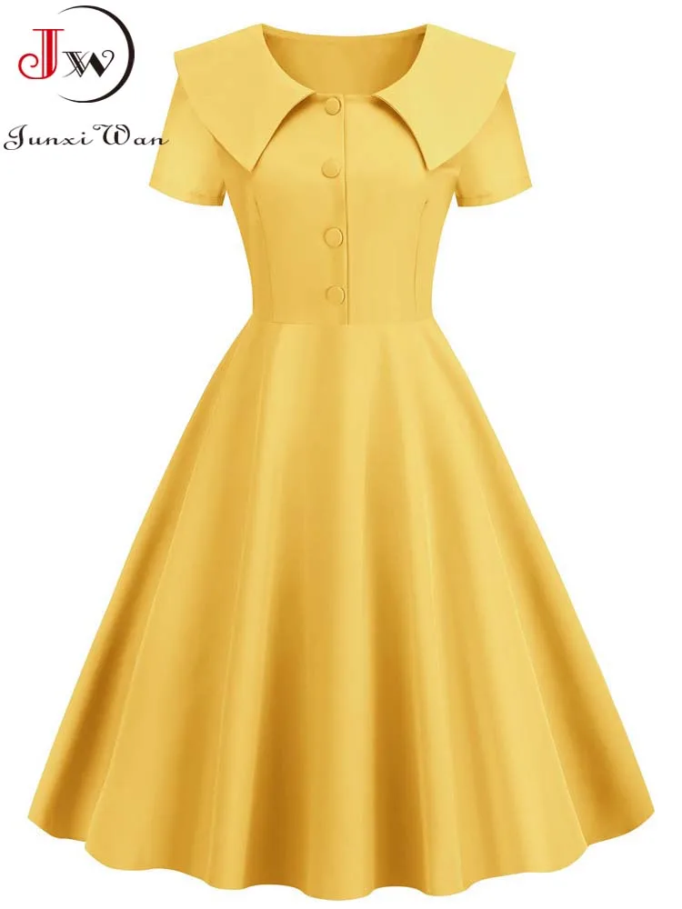 

Vintage 50s Ladies Solid Pleated Dress Elegant Peter Pan Collar Women Summer High Waist Rockabilly Pinup Party Midi Sundress