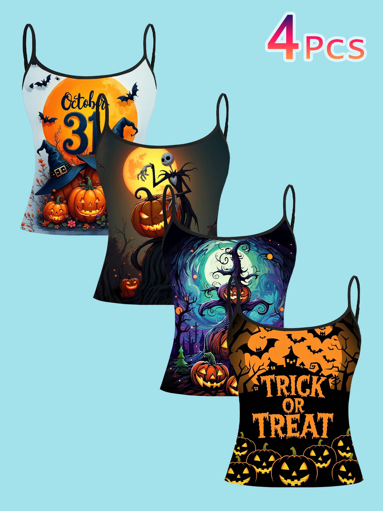 4-Pack Halloween Nightmare before Christmas Women's Camisoles, October 31St, Jack Skellington, Starry Witch, Trick or Treat Pumpkin Bat Haunted House Print Slim-Fit Spaghetti Strap Short Camisole Tops