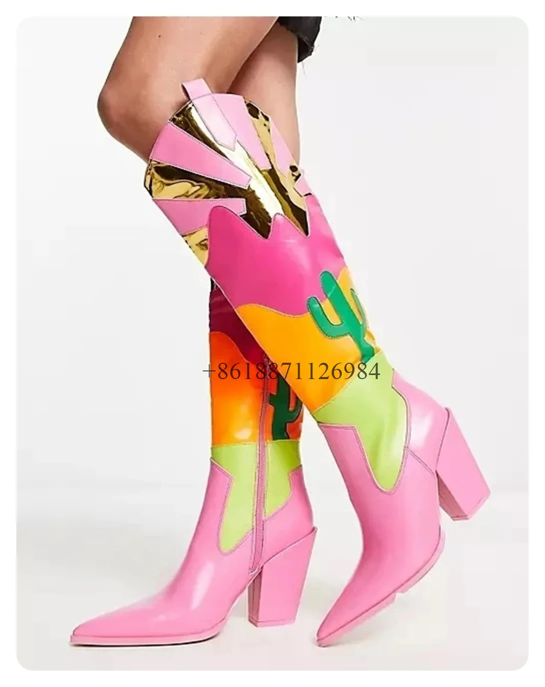 Multi Colored Patchwork Pointed Toe Knee High Boots Chunky High Heels Side Zipper Design Large Size Fashion Show Shoes