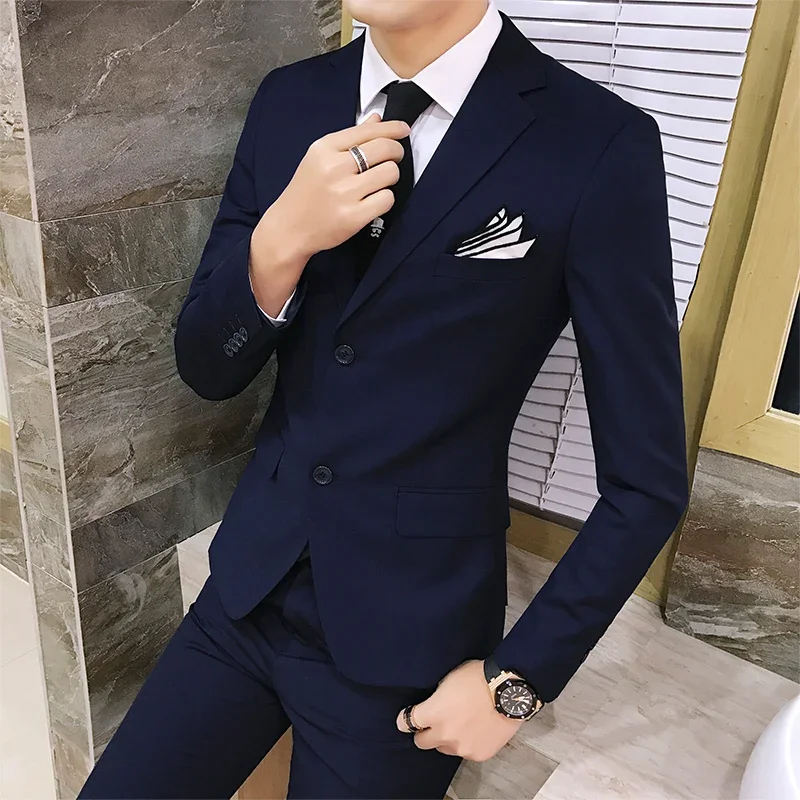 Suit (Blazer+vest+pants) Men\'s Fashion Business Korean Version of Solid Color Slim-fit Wedding Professional Gentleman Dress 6XL