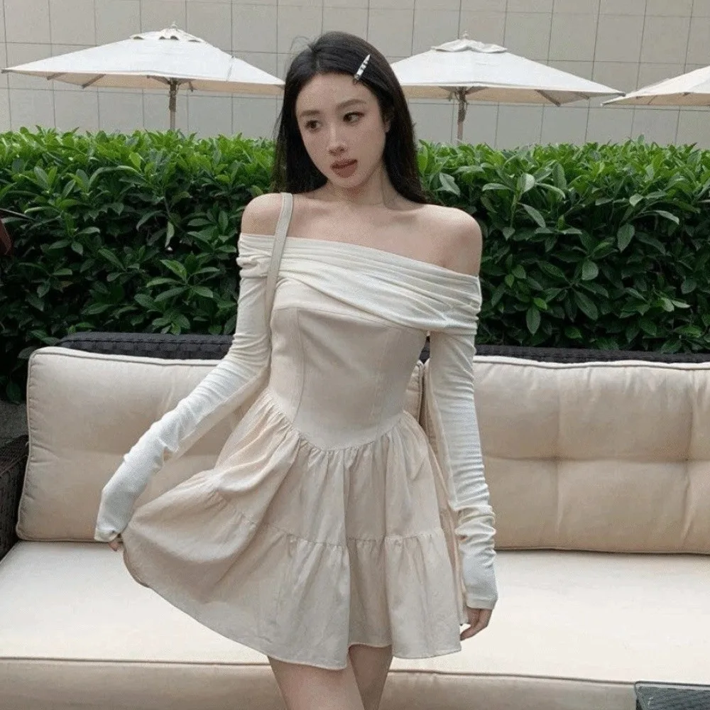 

French Sweet Long Sleeved Slim Short Skirt Slim Fit Lightweight One Collar Dress Leisure Y2K A-line Short Skirt Club