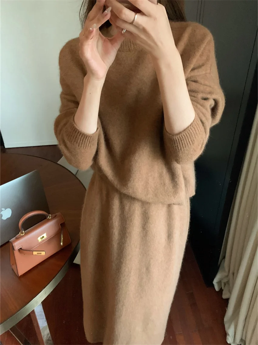 Alien Kitty Retro Stylish Women Slim Sets Chic Elegant Work Wear Winter Gentle New Office Lady Knitted Sweaters Maxi Skirts Suit