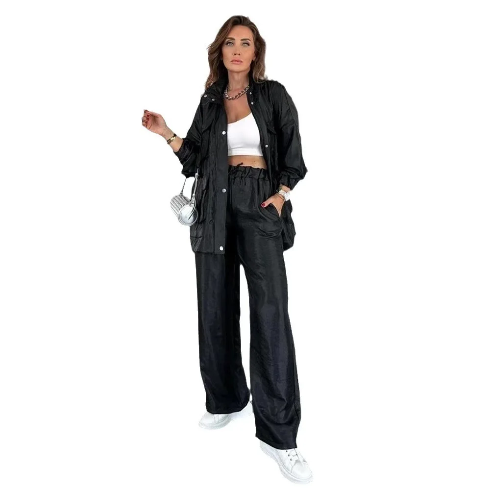 Metallic Women 2 Piece Set Solid Cargo Loose Coats Wide Leg Pants Matching Two Piece Suit Spring Autumn Fashion Street Outfits