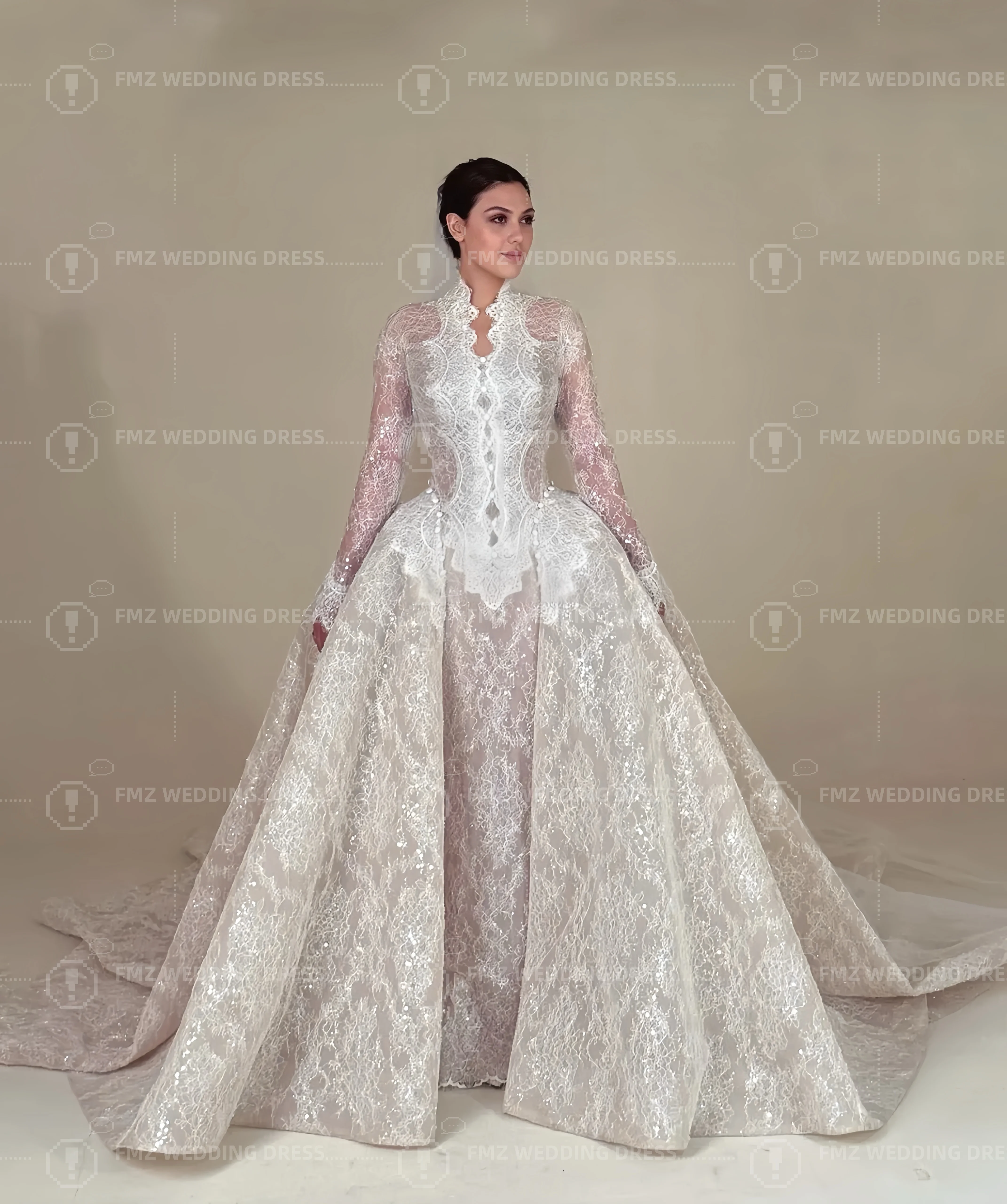 

Customzied high-neck long-sleeved Ball Gown lace splendid wedding dress vestidos de novia amanda novias amanda novias official