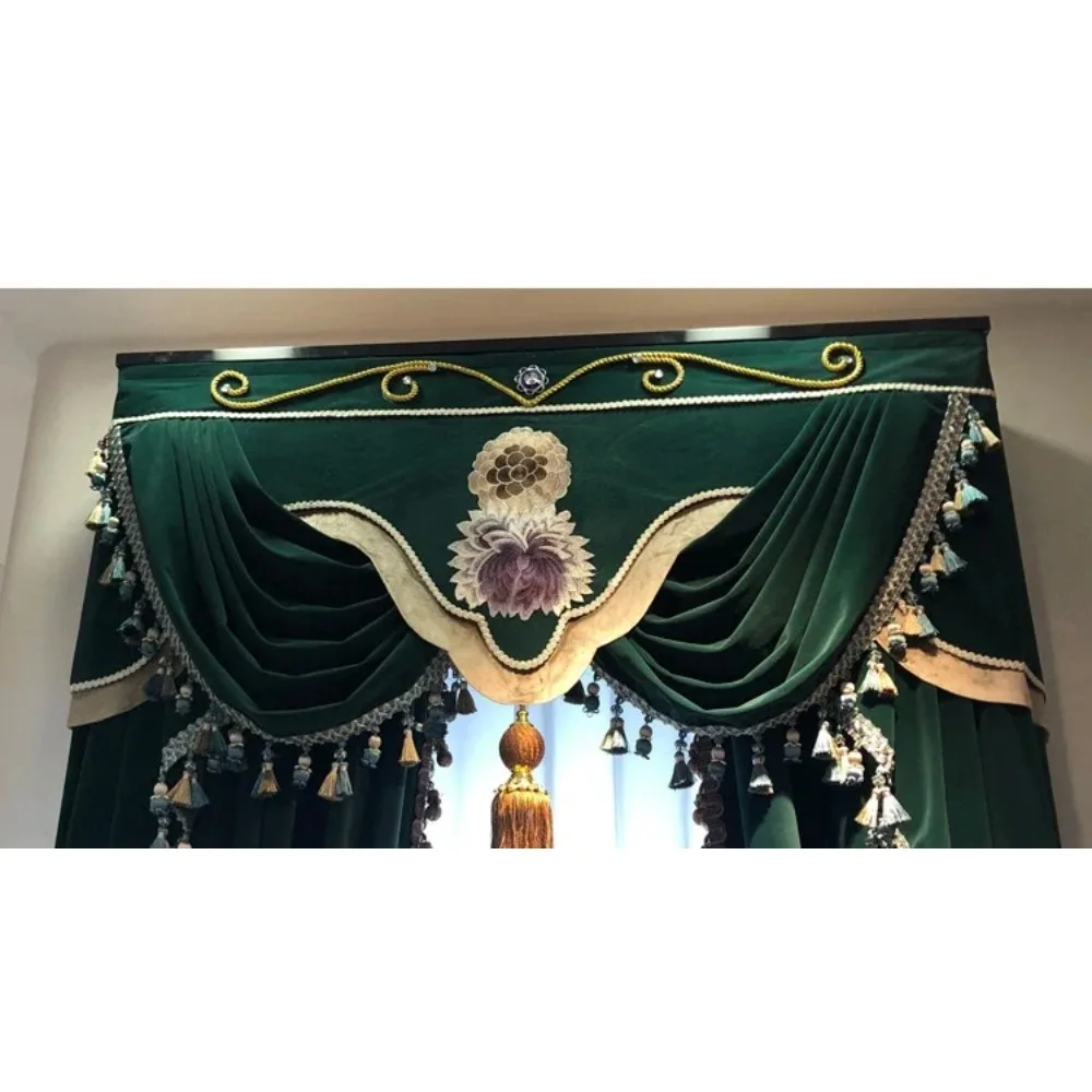 Chinese Style Dark Green Embroidered Window Screen Embroidered Patched Curtains For Living Room Bedroom French Window Customized
