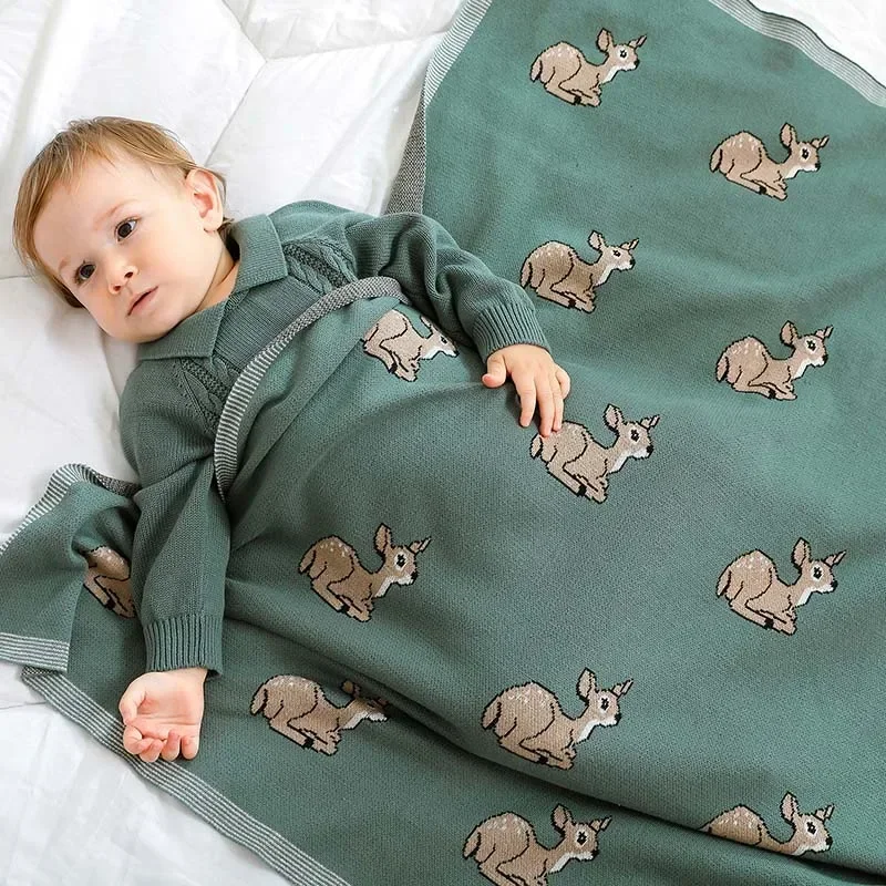 Kids Covers Baby Blankets Knitted Newborn Boys Girls Cotton Swaddle Wrap Quilts Infant Toddler Green Throw Playing Mats 100*80cm