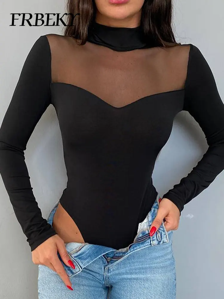 Women's Bodysuit Summer New Solid Color Mesh Stitching Long Sleeved Bottoming Slim Tops Jumpsuits One Piece Sexiest Body Suit