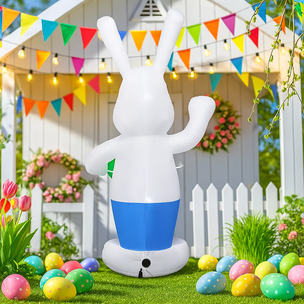 1.8M/6FT ハッピーイースターインフレータブルおもちゃ ウサギが卵を運ぶ装飾 LEDライト内蔵モデル 屋外ガーデンパーティー小道具装飾