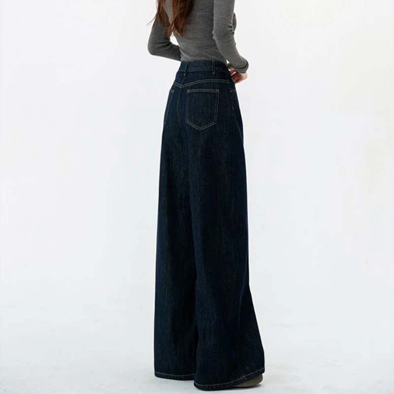 Female Dark Blue Wide Leg Jeans New Girls High Waist Loose Denim Trousers Hot Sale Women Fashion Casual Daily Pants