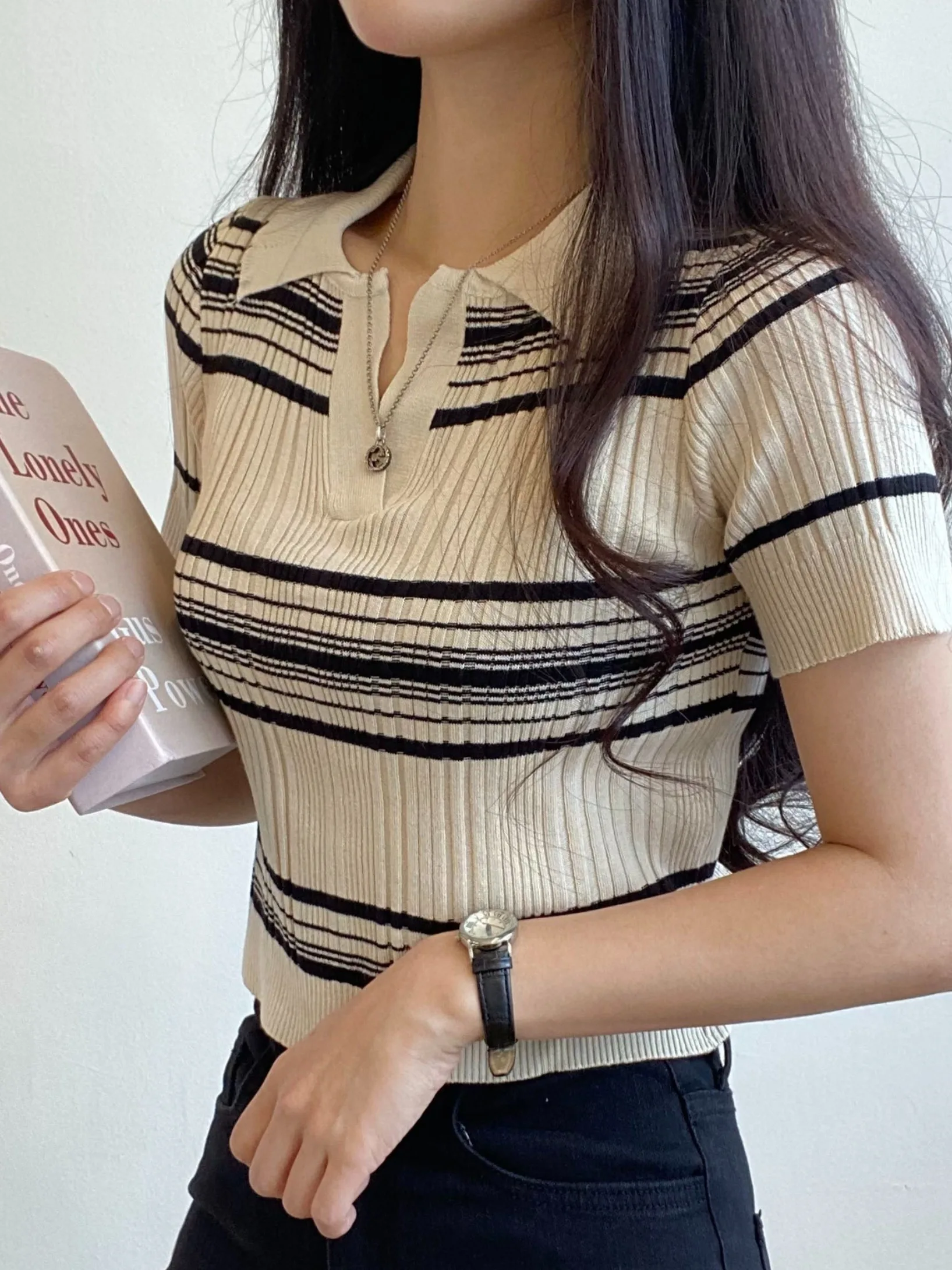 Unikalna amerykańska koszulka w stylu retro, słodko-pikantna, dzianinowa, damska letnia koszulka z designerskim wzorem w paski.