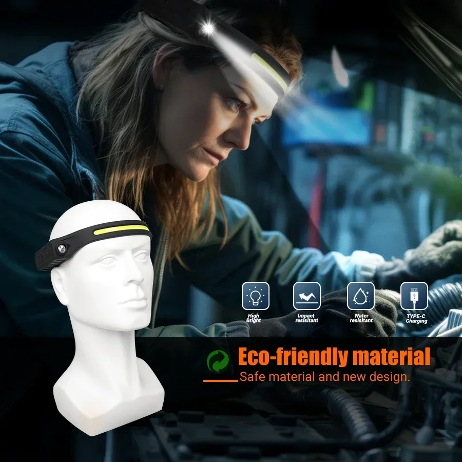 Powerful COB LED Sensor Headlamp Rechargeable Head Flashlight 5 Lighting Modes Headlight Head Torch for Outdoor Fishing Camping