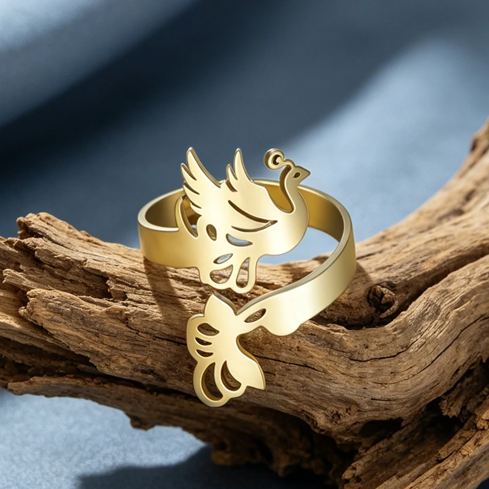 Phoenix Ring for Women Adjustable Vintage Mythology Animal Totem Cutout Open Rings Stainless Steel Jewelry