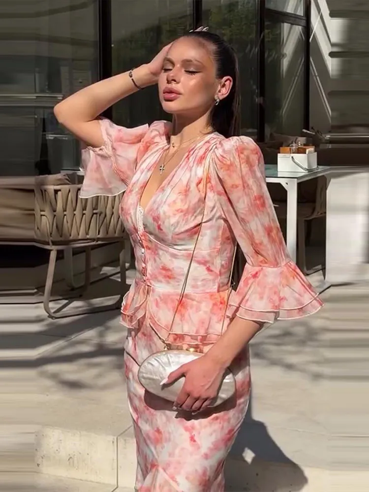 Elegant Printed Women's Shirt Skirts Suit Half Bell-Bottomed Sleeve V-Neck Hip Package Skirts 2026 Summer Female Outfits New