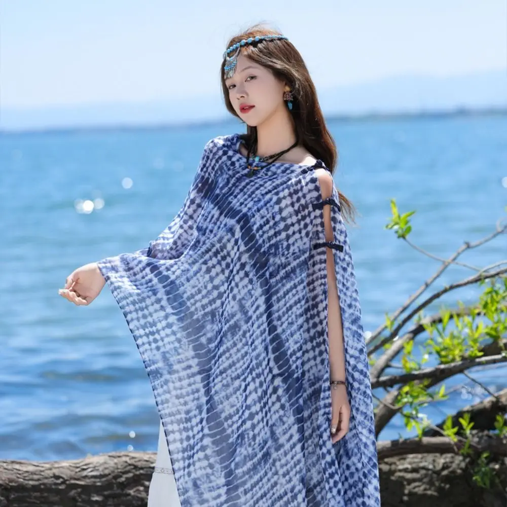 

Повседневная шаль с защитой от солнца в этническом стиле, элегантная шаль с солнцезащитным кремом с цветочным принтом, пляжный шарф с пуговицами в китайском стиле, весна-лето