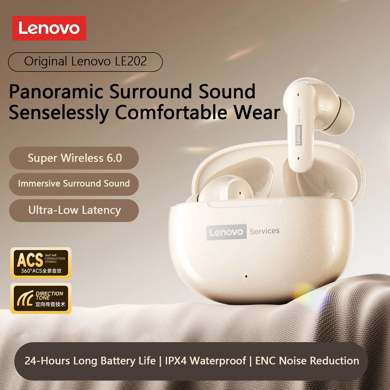 Original Lenovo LE202 Wireless Bluetooth 6.0 Headphone HD Call Noise