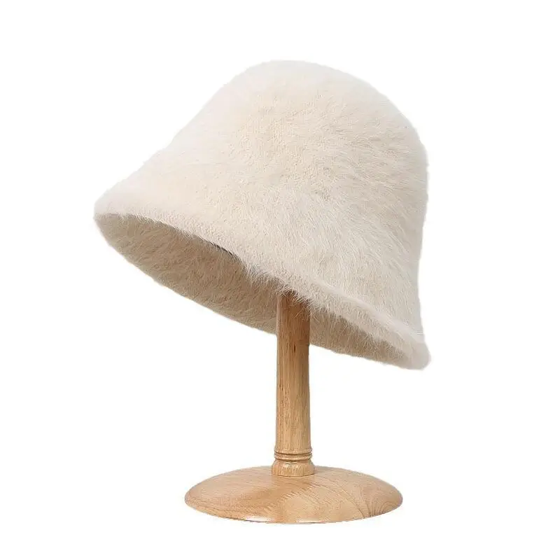 Plush fisherman hat autumn and winter basin hat round head plush high-end feeling face white bucket hat for ladies image 5