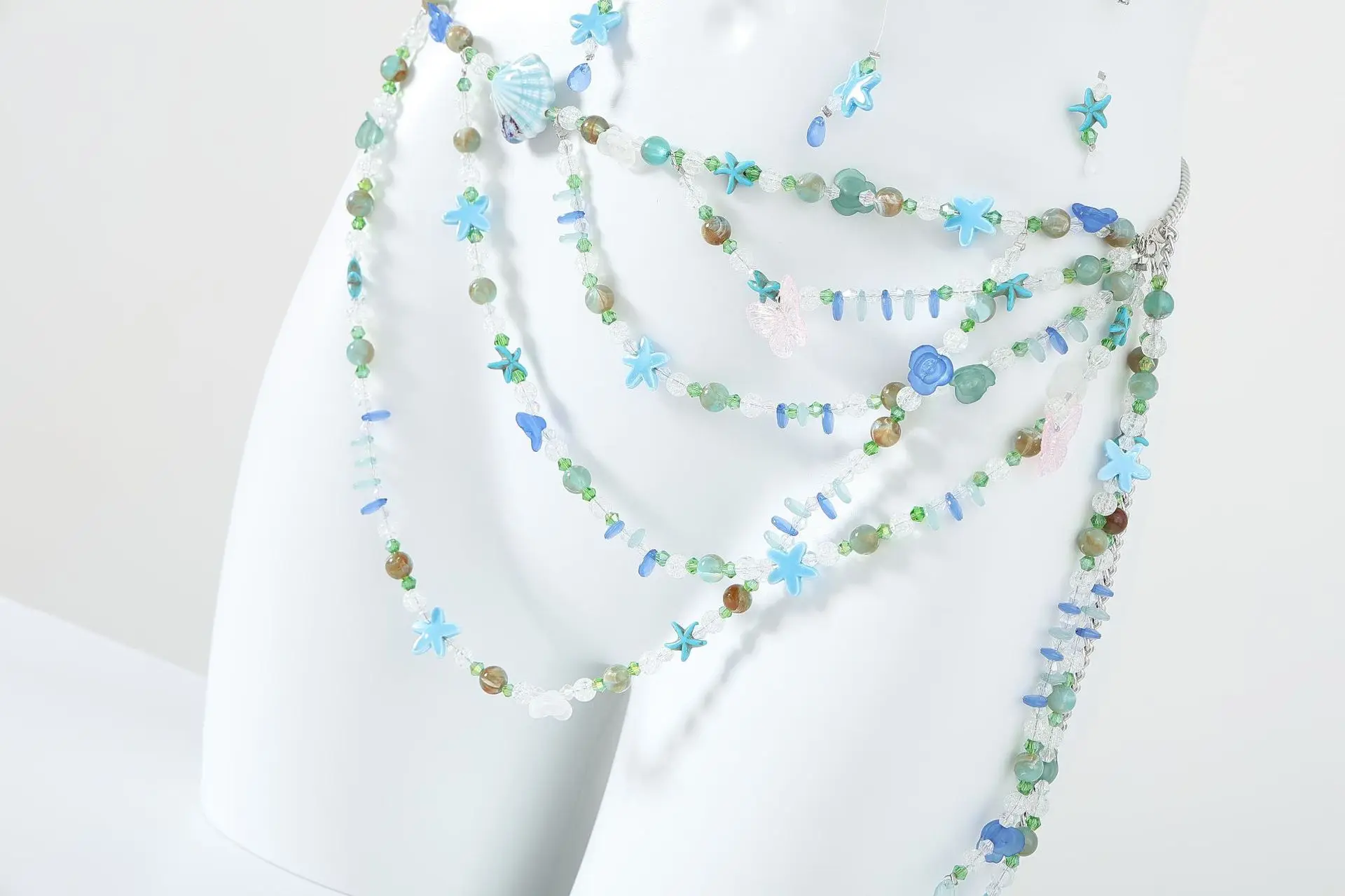 Fashionable And Sexy Gradient Color Glass Bead Chest Chain, Colorful Bead Body Chain, Adjustable Underwater World Shell Bead Top