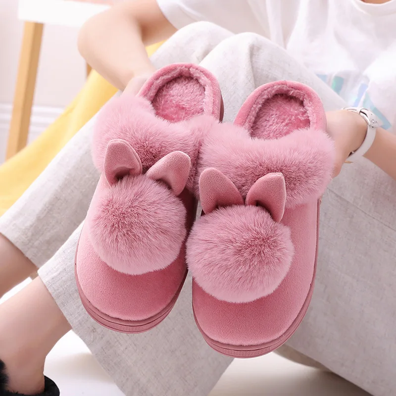 Cute Women Slippers Autumn Winter Cotton Flat Fluffy Slippers Cartoon Rabbit Ear Home Indoor Fur Slippers Warm Soft Plush Shoes