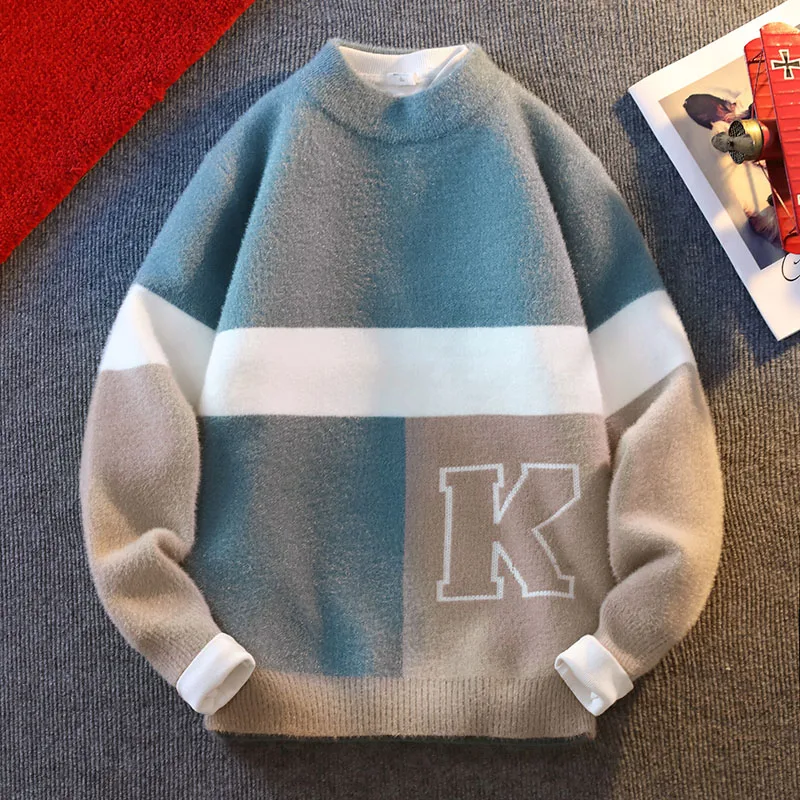 Men's Designer Original Color Block Fuzzy Knit Sweater Half Mock Neck Pullover Soft Warm Plush Autumn Winter Casual Men's Wear