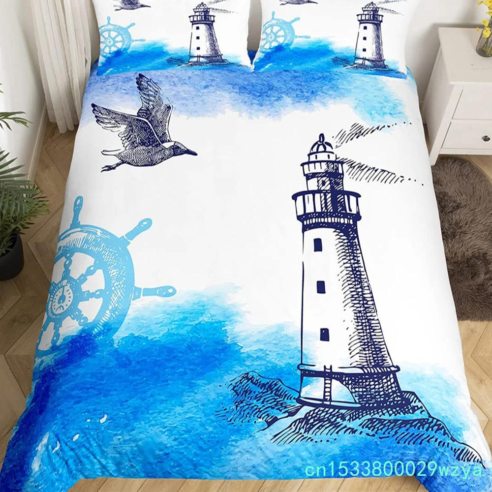 Nautical Comforter Cover Sailboat Lighthouse Duvet Cover Watercolor Ocean Themed Bedding Set Summer Beach Polyester Quilt Cover