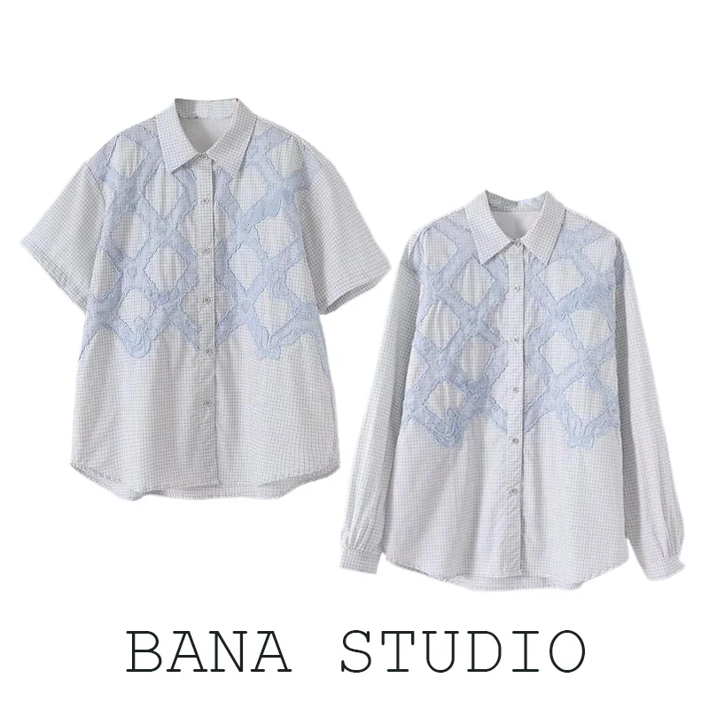 

Женская летняя тонкая блузка BANA больших размеров с кружевом и клетчатым узором, с отложным воротником, прямого кроя, в офисном стиле