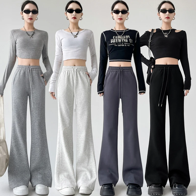 

Women's White Athletic Flared Pants 2024 Autumn High Waist Slim Fit Horseshoe Pants, Drape Leisure American Sweatpants