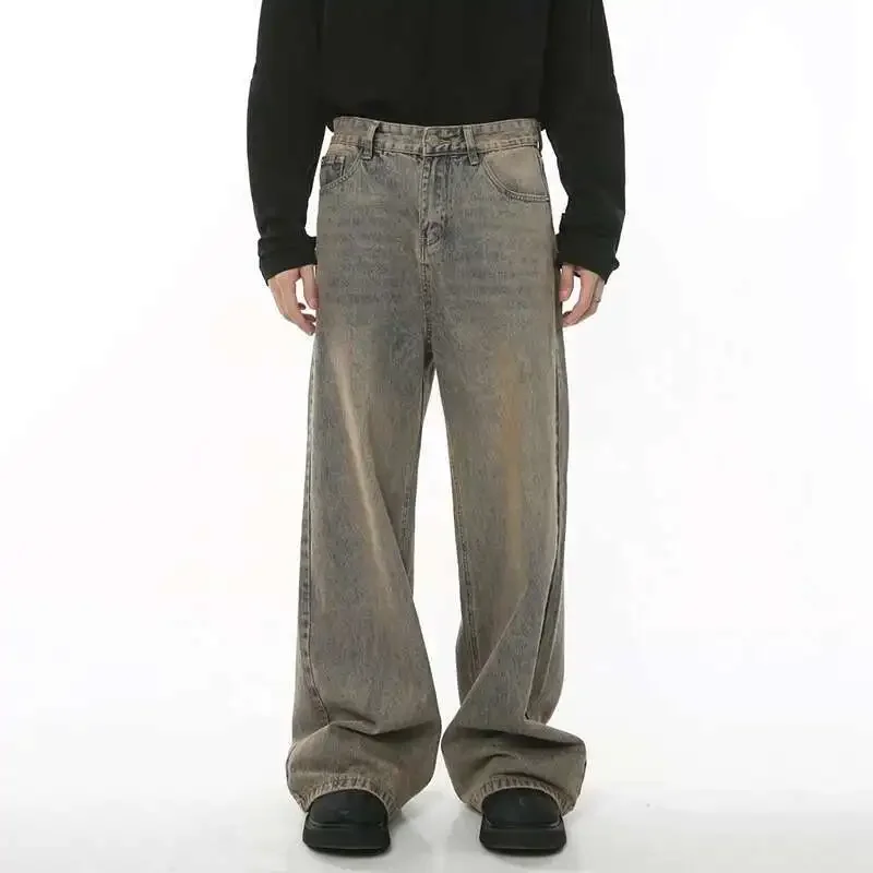 

Spring Men's Baggy Jeans Worn Out Loose Wide Leg Denim Pants Chic Distressed Streetwear Vintage Male Trousers
