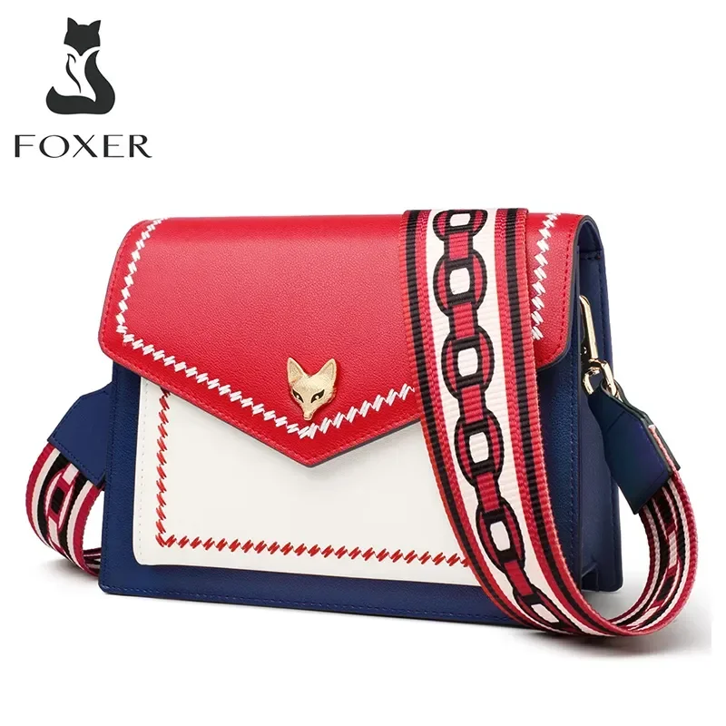 

FOXER Brand Women Messenger Crossbody Bag Lady Colorful Panelled Flap Designer Shoulder Bag Fashion Split Leather Bag For Female