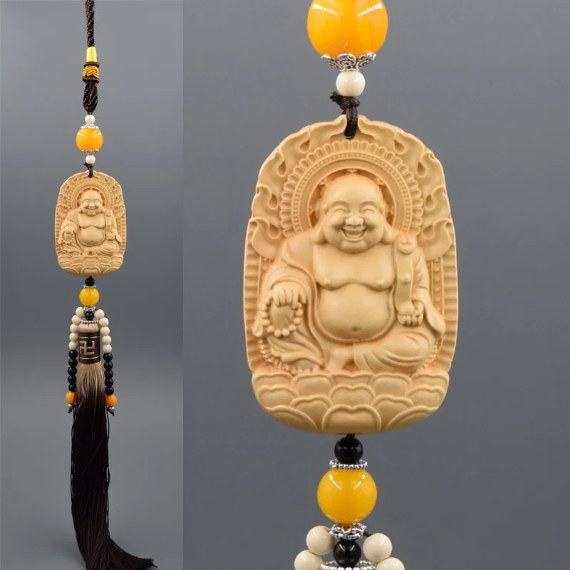 Estatuas de Buda talladas en madera, colgante para espejo retrovisor de coche, joyería Guanyin Pao Ping An Fu, bolsa escolar de alta gama, colgante para teléfono móvil