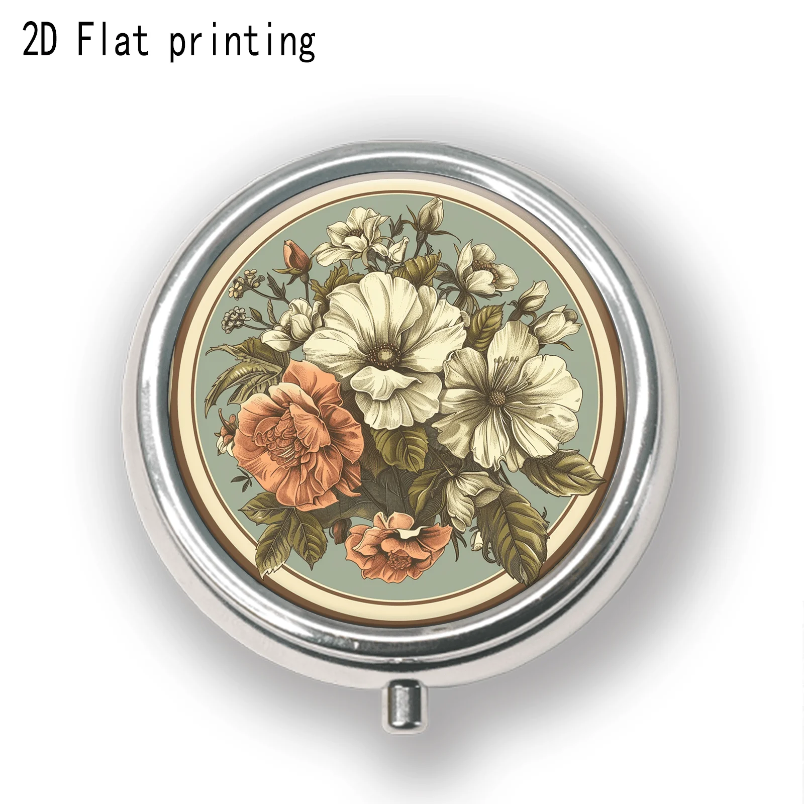Warm-Toned Vintage Line-Drawn Rose Floral Pattern, Round Three-Compartment Small Pill Box, Portable Medicine Storage, Small Jewelry Storage, Suitable for Handbags or Travel, Holiday Gifts, Souvenirs, Prizes, Small Gifts, Suitable for Personal Use or as an Exquisite Gift Option