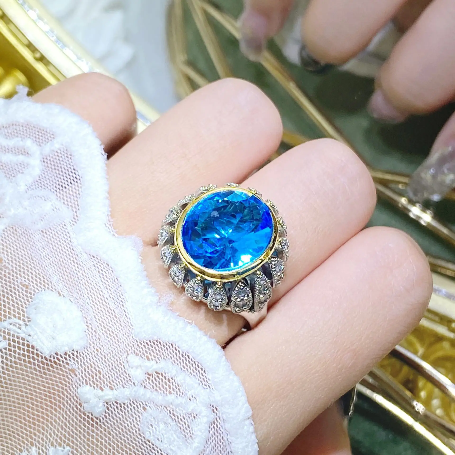 DIY accessories Italian weave engraved gold brushed craft aquamarine ring temperament high sense diamond set light luxury mediev
