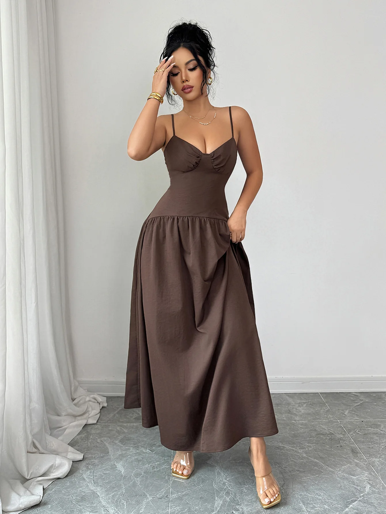 

Women's Dress Spaghetti Strap Maxi Dress Sweetheart Neck Ruched Bust Flare Skirt Formal Evening Party Wedding Guest Gown