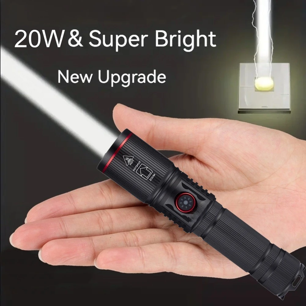 20W Zoom okrągła wiązka światła LED latarka dużej mocy latarka USB akumulatorowa latarka Camping Outdoor polowanie wędkarstwo chodzenie lampa