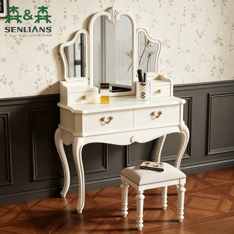 SLS Multifunctional European Princess Dressing & Makeup Desk With Integrated Storage Cabinet For Small Apartment Bedroom