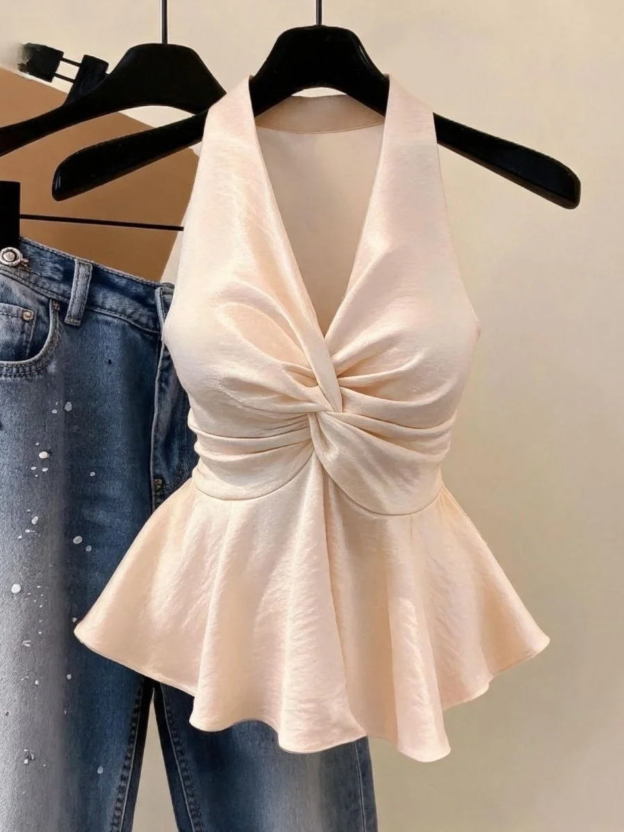 Elegant V-neck Knotted Pleated Back Shirt Women's Summer New Style Waist-cinching Fluffy Top Satin Material Sleeveless Dress