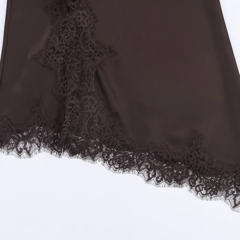 Women's Dress 2025 New Arrivals Spring Brown Asymmetrical Lace-Trim Satin Slip Dress Fashion Sexy Chic Women Satin Dress
