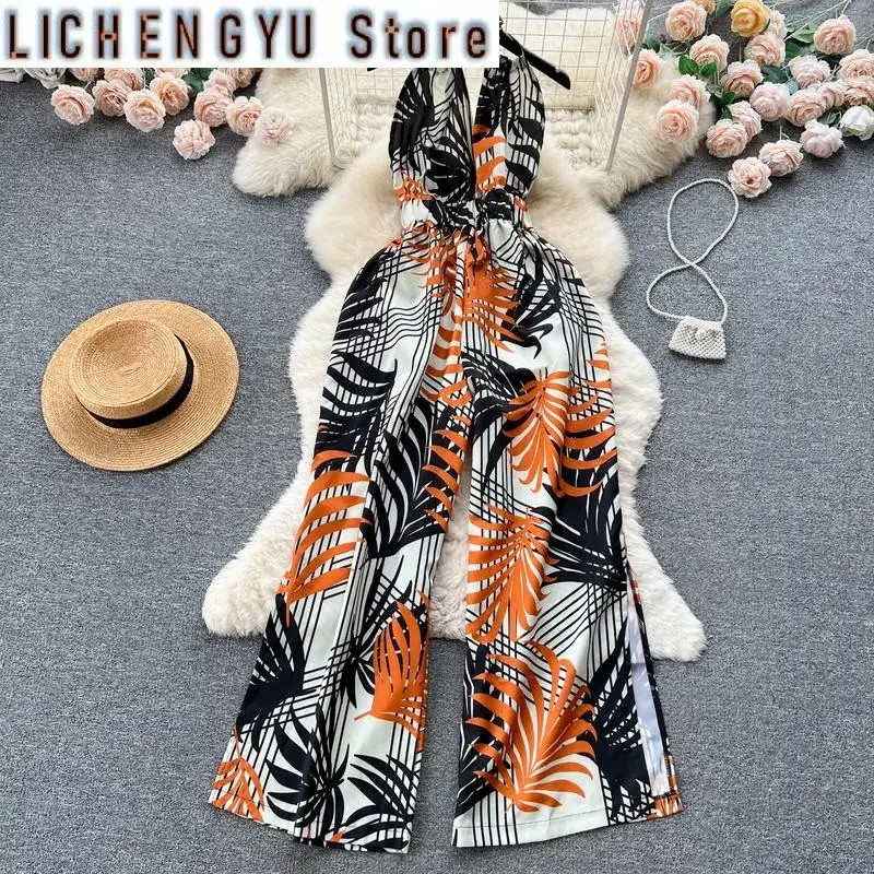 New Elegant Style Chic Jumpsuit Women Print Halter Contrast Color Backless High Waist Jumpsuits Winter Spring