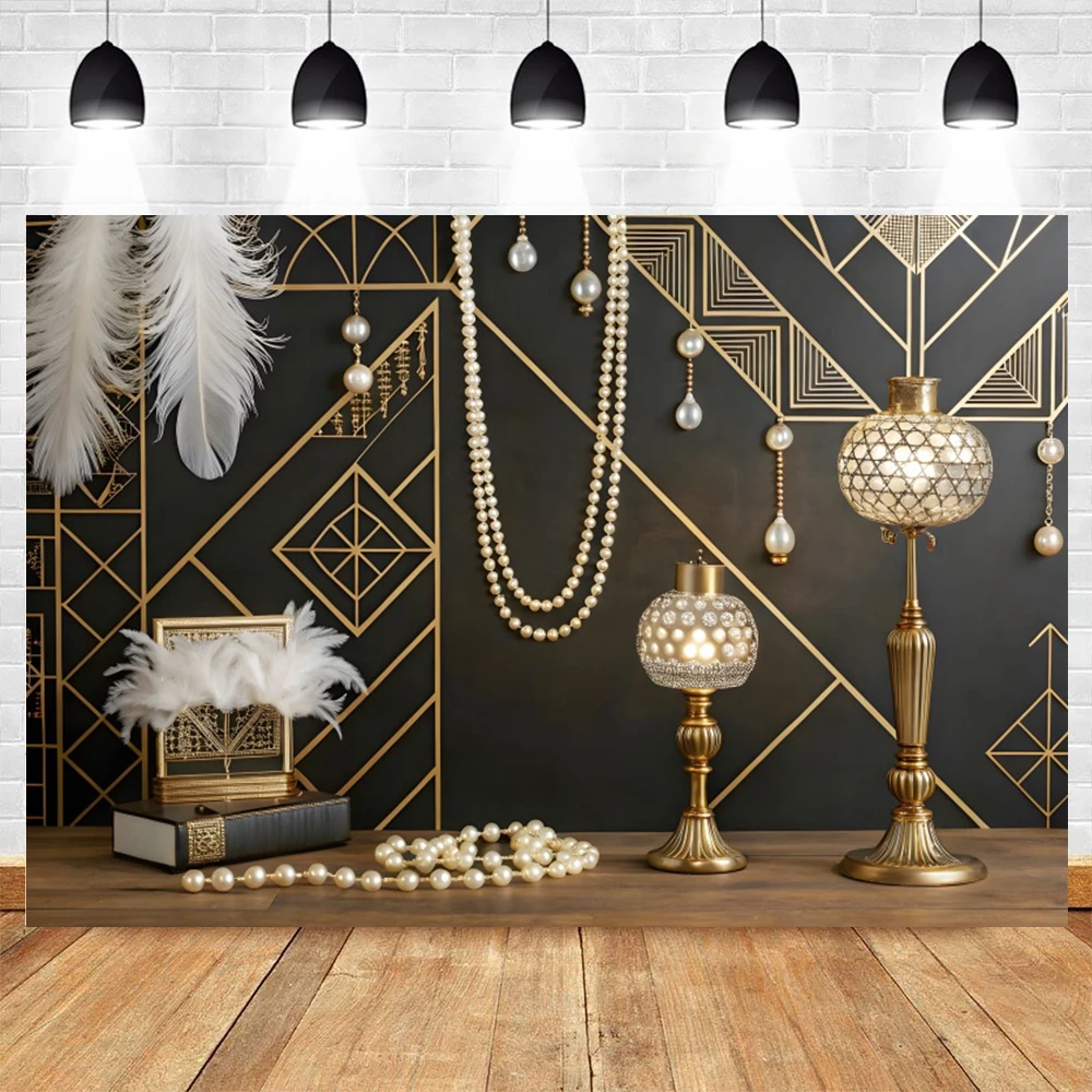 Boho Style Photography Backdrop Black Gold Abstract Lines Feather Pearl Pattern Wall Decoration Art Portrait Photo Background