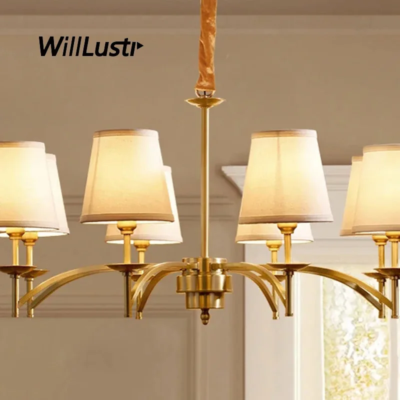 

Fabric Shade Copper Pendant Lamp Brass Hanging Light Ceiling Chandelier American Country Bronze Suspension Lighting