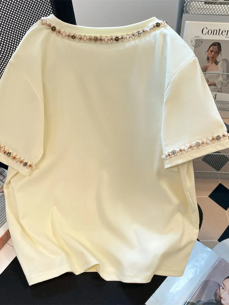 Unique Beautiful Female Short Sleeve T-Shirt Embroidered Loose Summer Fashion Casual Cotton round Neck Top for Ladies