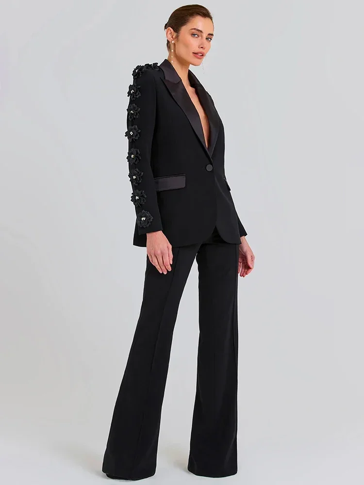 GPBD Fashion Summer Black Slim Fit Women Pants Suits Set Long Blazer with Flowers Wide Leg Classic Office Lady Party Prom Dress