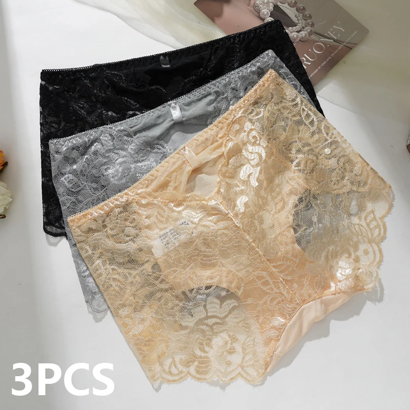 Slip taille moyenne pour femmes, 3 pièces, grande taille, sans couture, sous-vêtements en dentelle transparente, culotte confortable et respirante, ajourée, L-2XL