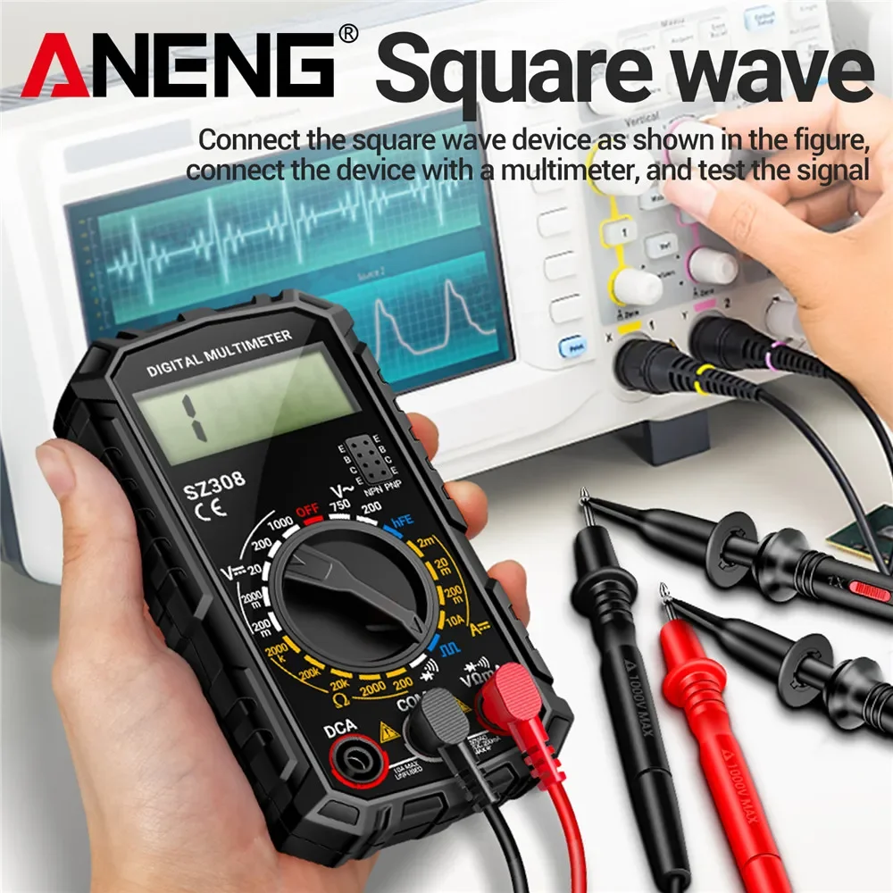 

ANENG SZ308 Square Wave Digital Tester 1999 Counts HFE Triode Buzzer Multimeter DC/AC Voltage 10A Current Multimeters Meter Tool