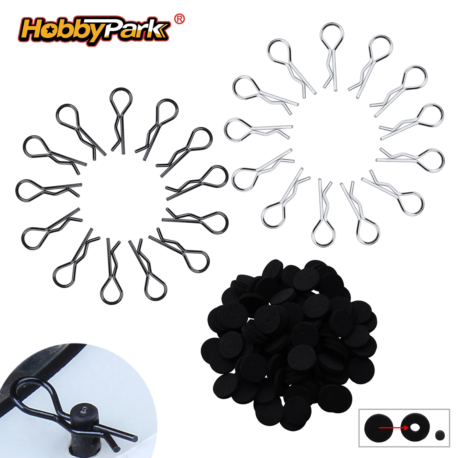 Hobbypark 1/10 1/12 Clips y Arandelas para Carrocería RC para Redcat HPI Himoto HSP Exceed, Repuesto de Carrocería RC, 200 Piezas, Negro y Plateado