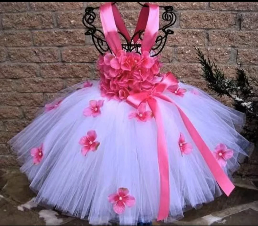 Girls White Tutu Dress Kids Tulle Dress with Red Petals Flower and Ribbon Bow Children Birthday Bridal Wedding Costume Dresses - view 5