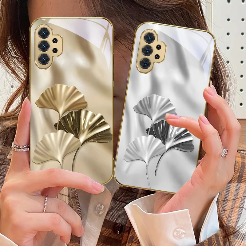 أوراق الجنكة الفاخرة لسامسونج A 31 32 33 34 35 14 15 13 16 25 26 50 52 53 54 55 56 70 71 72 73 حافظة هاتف زجاجية ذهبية